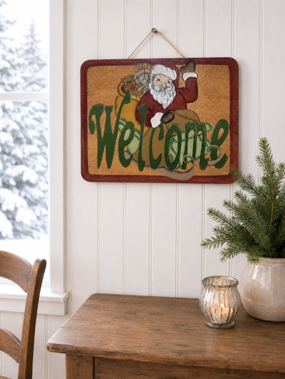 Vintage Shine Co. Santa Welcome Sign Hand Painted Wood 13" x 10"